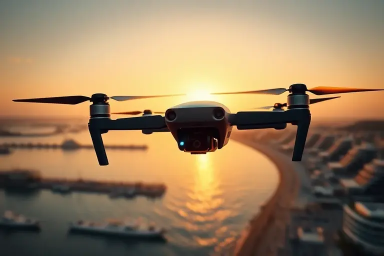 طائرة تصوير احترافية تعمل فوق بيئة مشروع بإضاءة سينمائية.