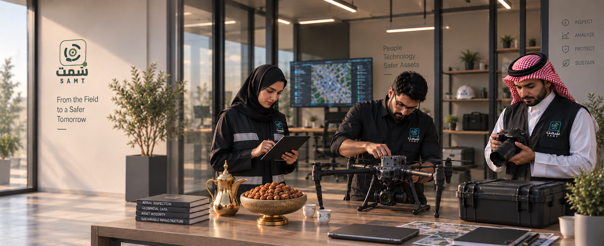 A SAMT team in a modern workspace bringing operations, imaging and technology together around a worktable.