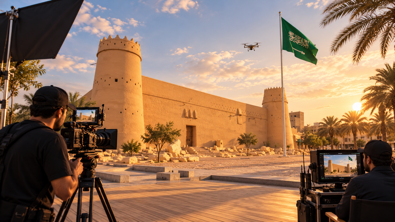 A generated cinematic production scene at Al Masmak Palace in Riyadh with a drone and filming equipment.