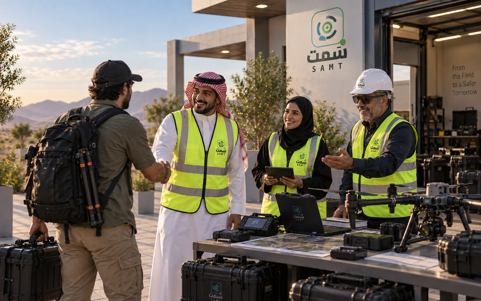 A SAMT team welcoming an independent specialist arriving with professional equipment.
