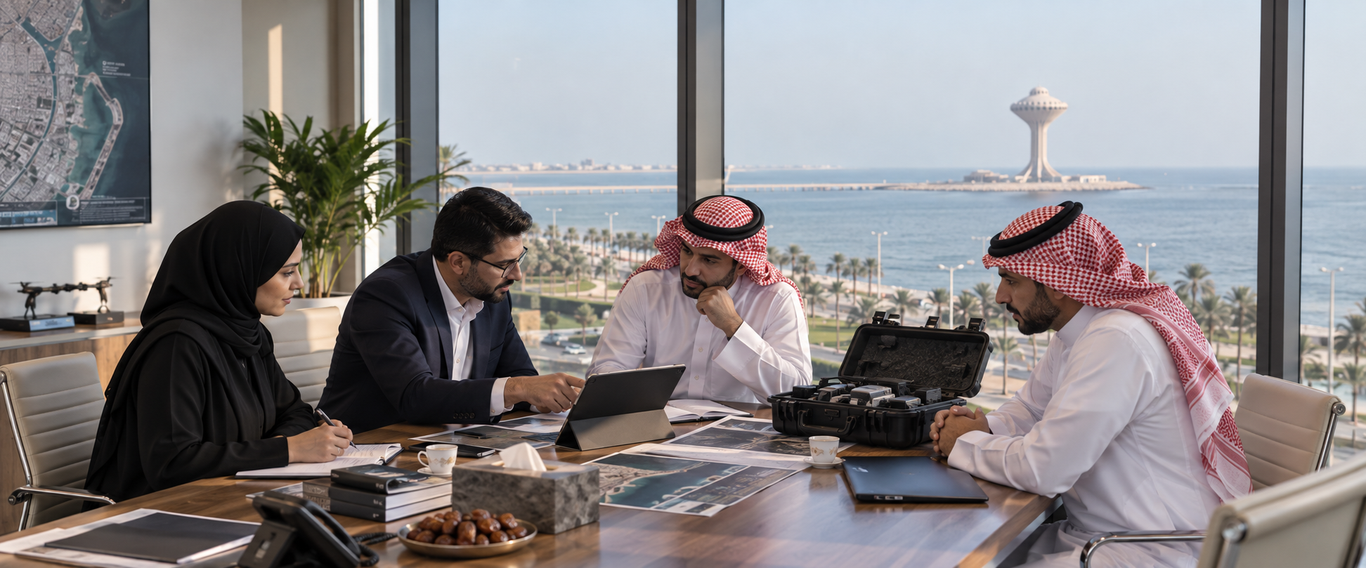 A professional business meeting for a potential partnership in an office overlooking Al Khobar waterfront.
