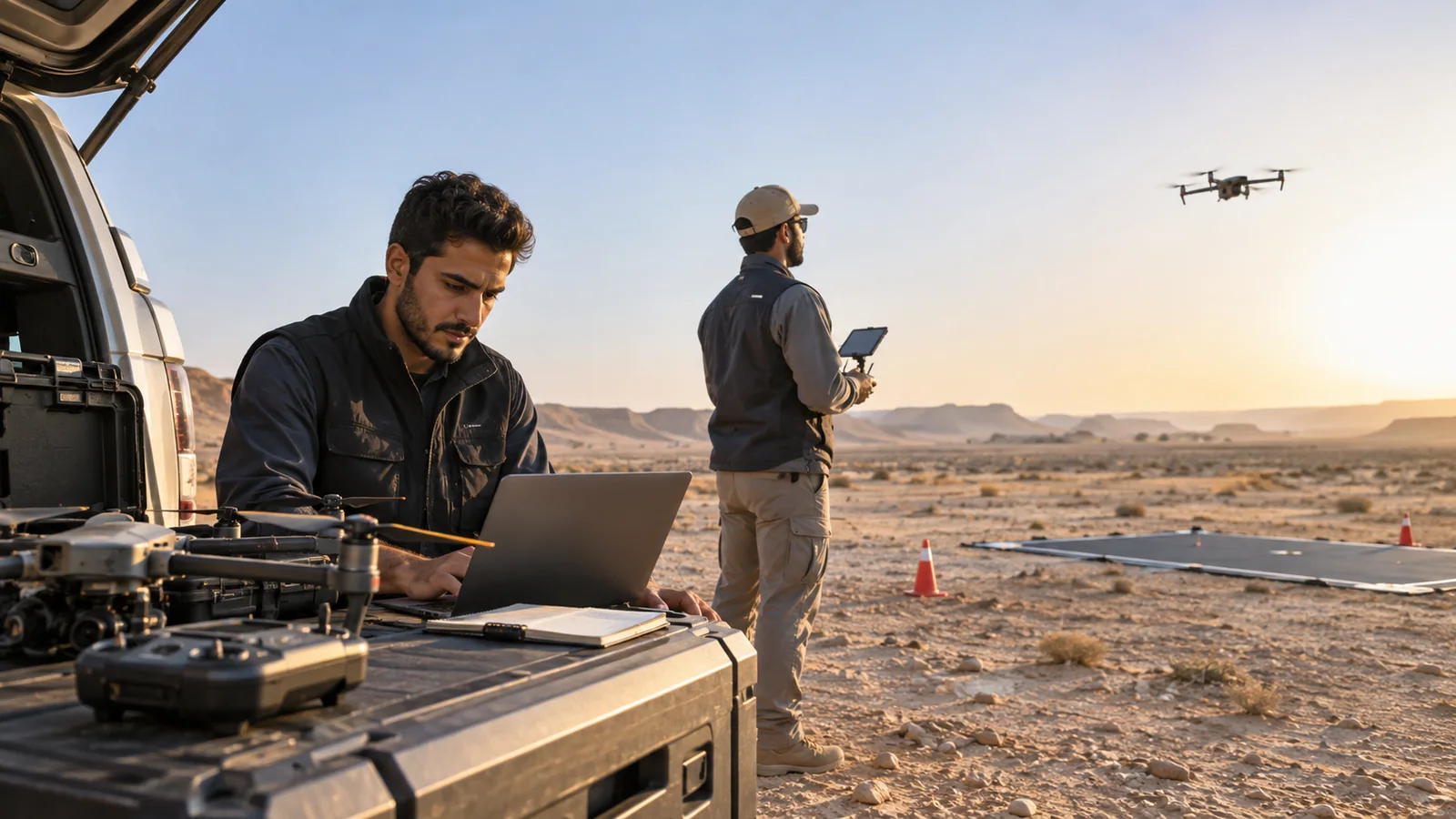A UAS operations team preparing a field mission between the workstation and aircraft.