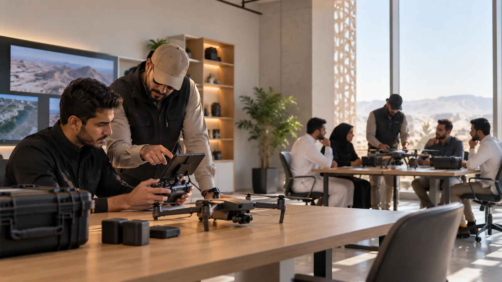 An instructor and learner reviewing UAS equipment in a practical training setting.