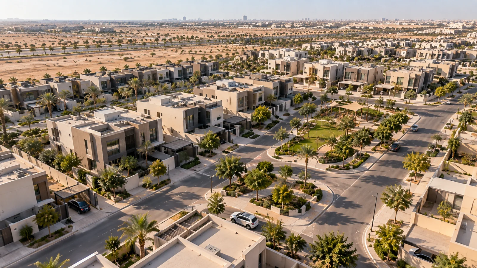 An aerial urban scene showing a place in relation to its surroundings.
