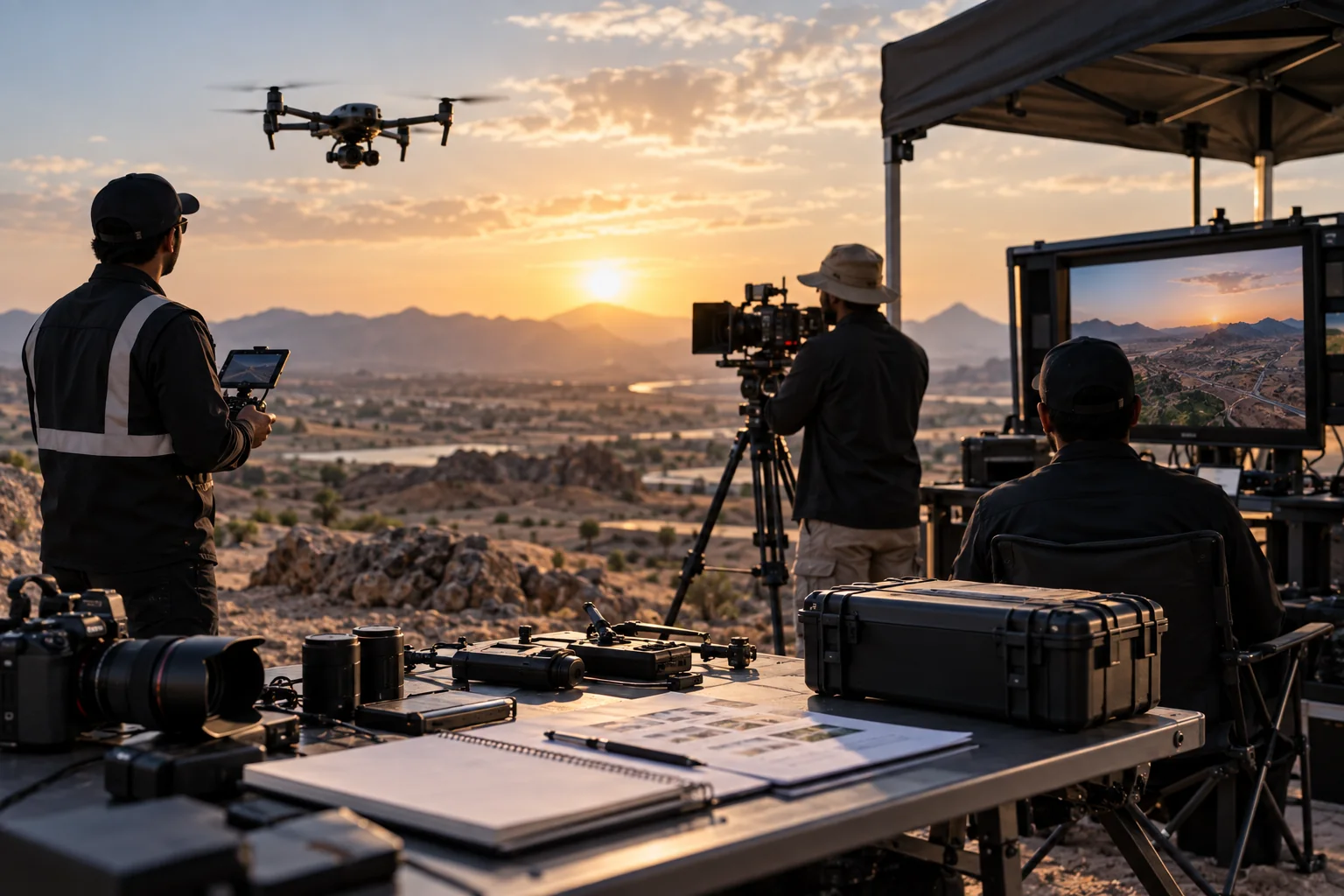 A production crew working with camera equipment and a UAV during capture.
