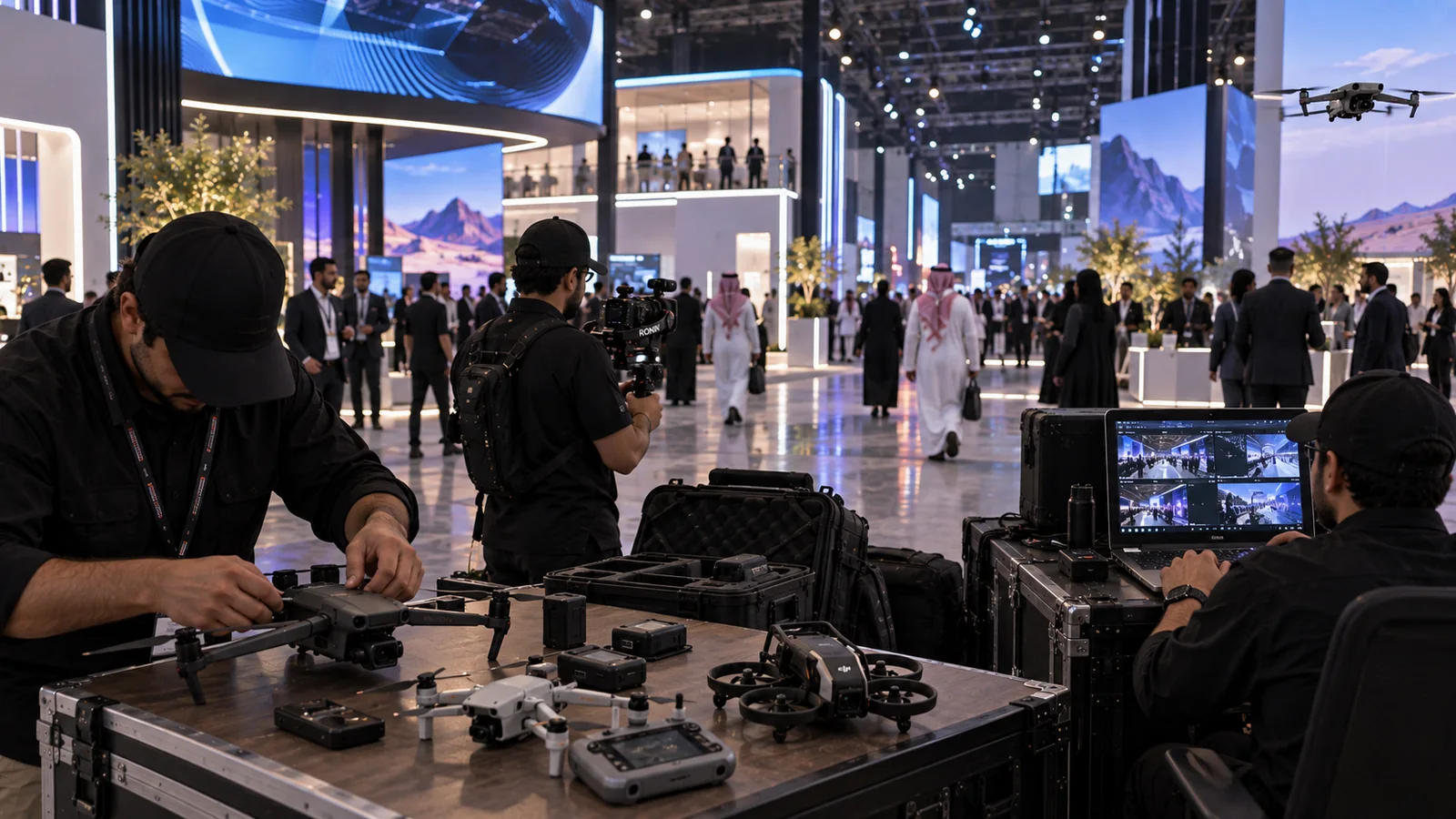 A media-production setup and crew in an indoor event environment.