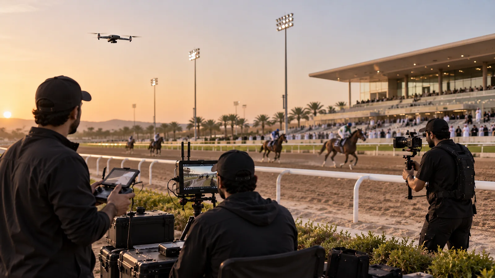 A production team covering an outdoor sporting event from multiple angles.