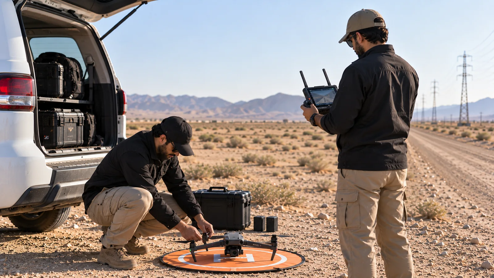 A field operator preparing UAS equipment beside a work vehicle.