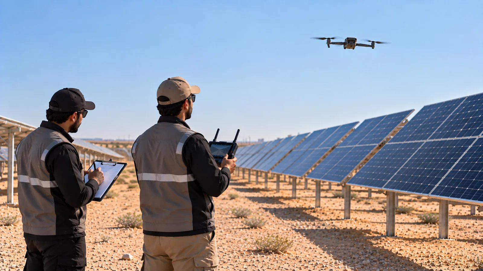 Two UAS operators working in the field beside a solar array.