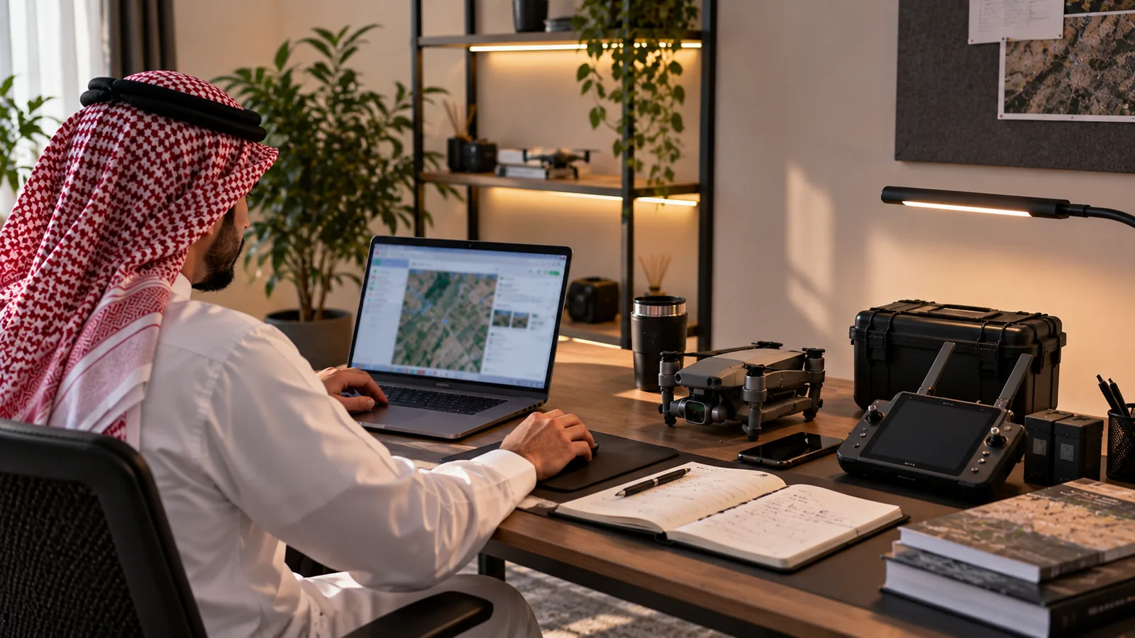 A Saudi professional reviewing spatial and project information beside field equipment.