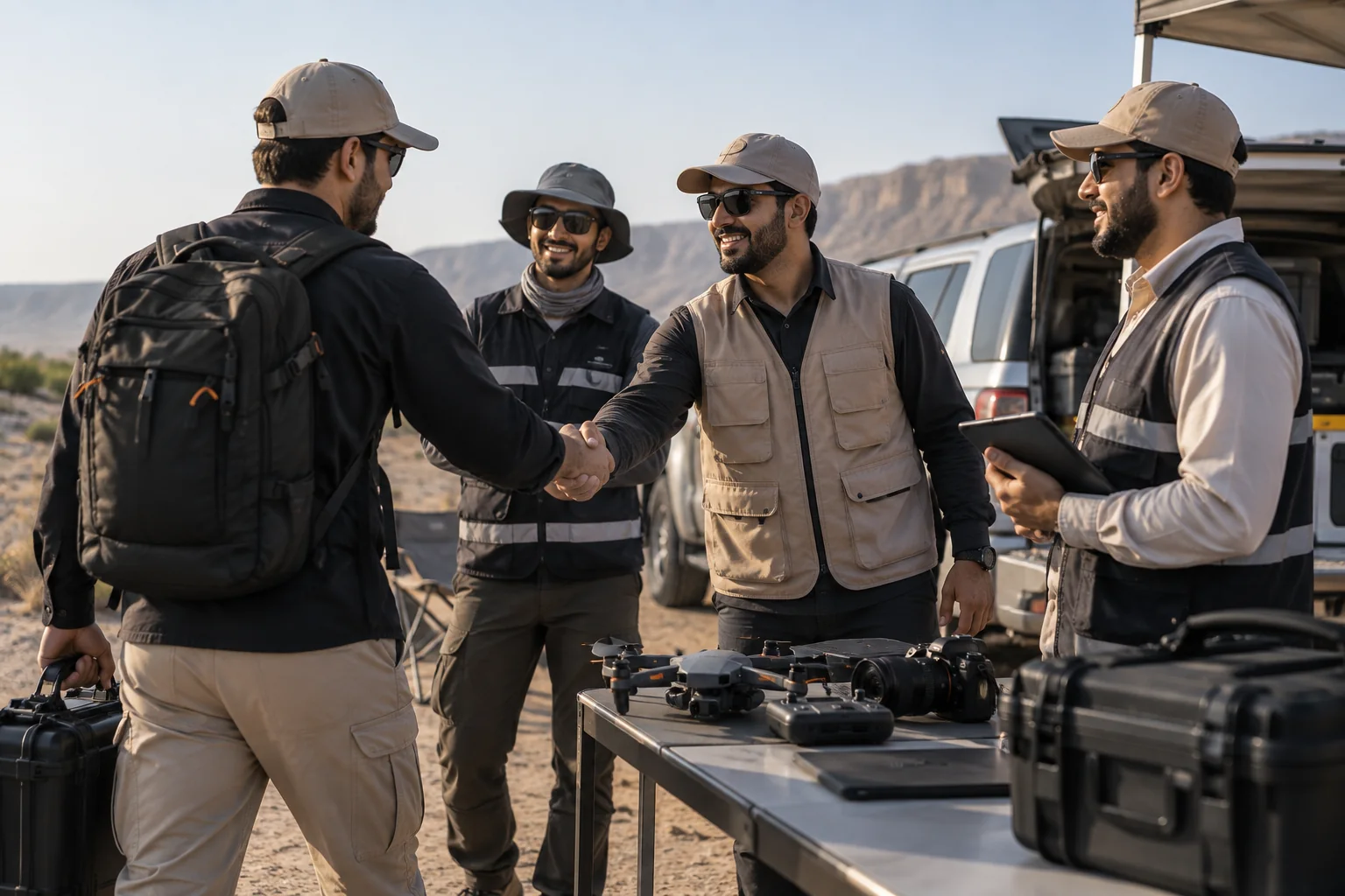 Field specialists greeting one another beside UAS equipment.