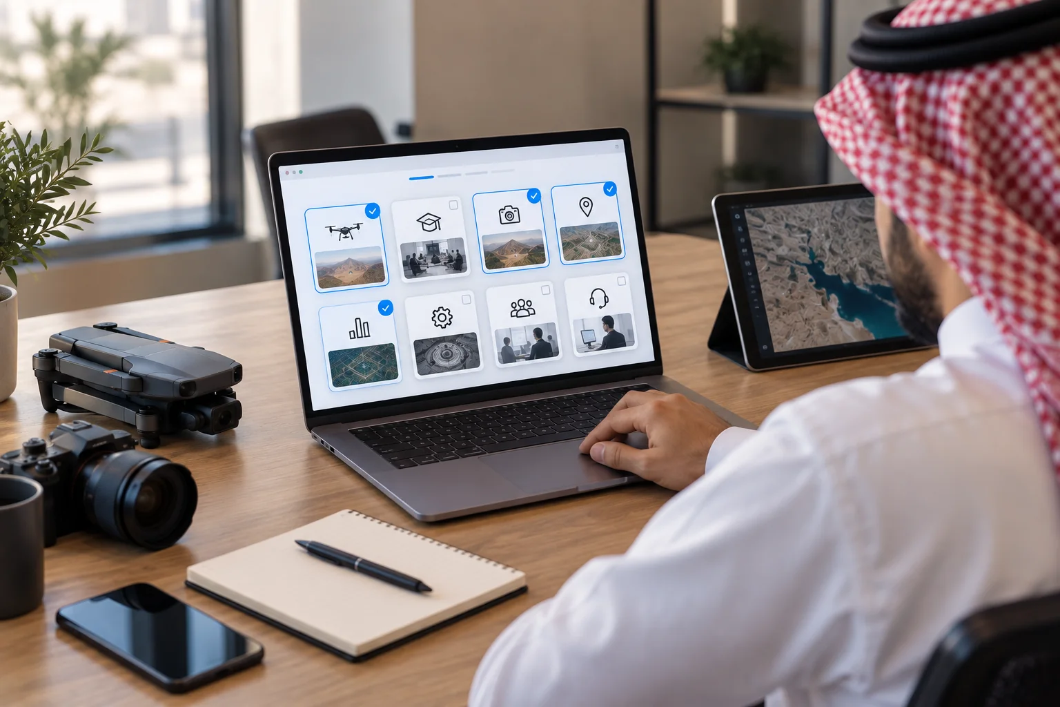 A Saudi professional reviewing capability areas on a laptop beside technical and field equipment.